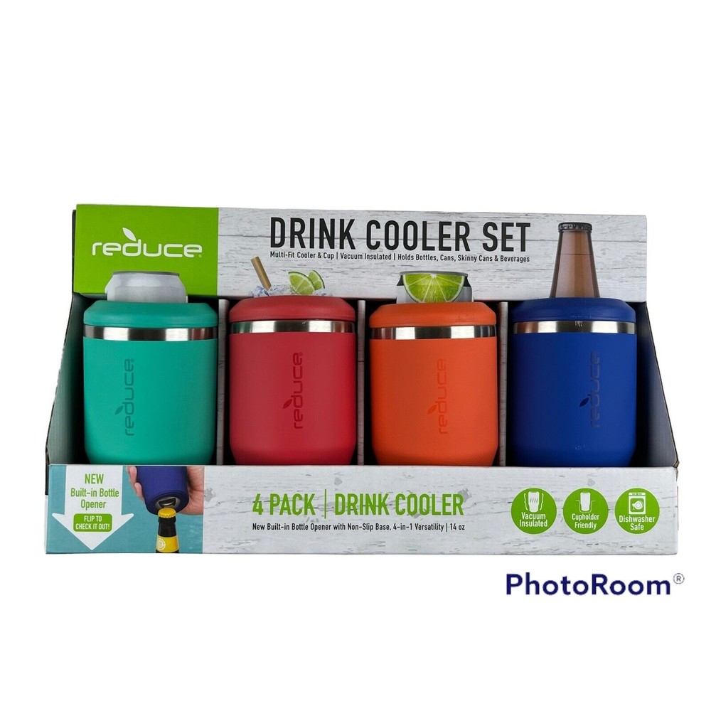 NIB Reduce Drink Cooler 4-Pack Set, Vacuum Insulated, Bottles, Cans, Skinny